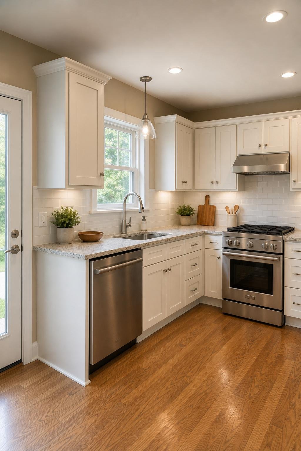 Full kitchen cabinet painting project with reassembled painted doors, drawers, and hardware.