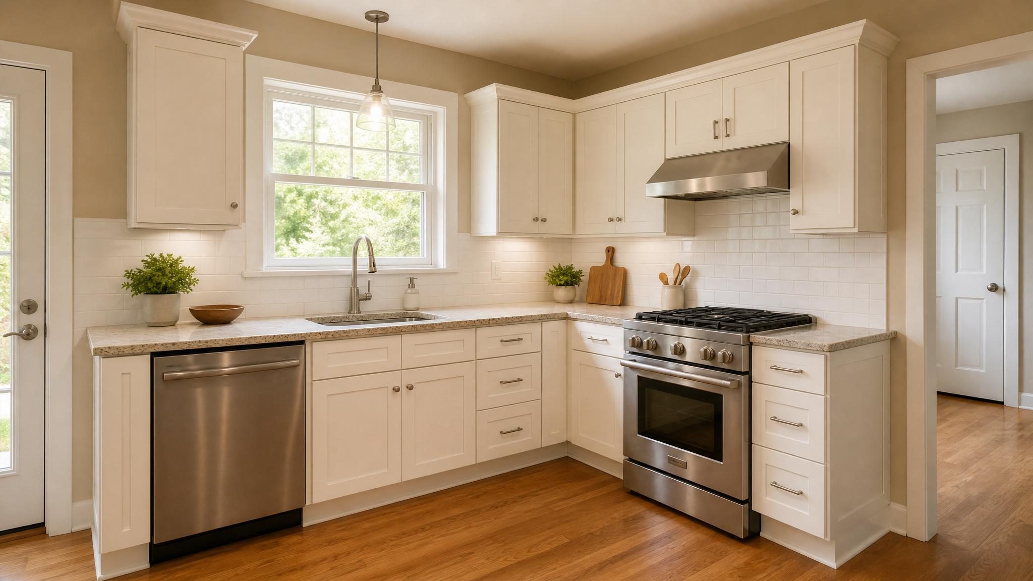 Finished painted cabinets with smooth faces and clean hardware.