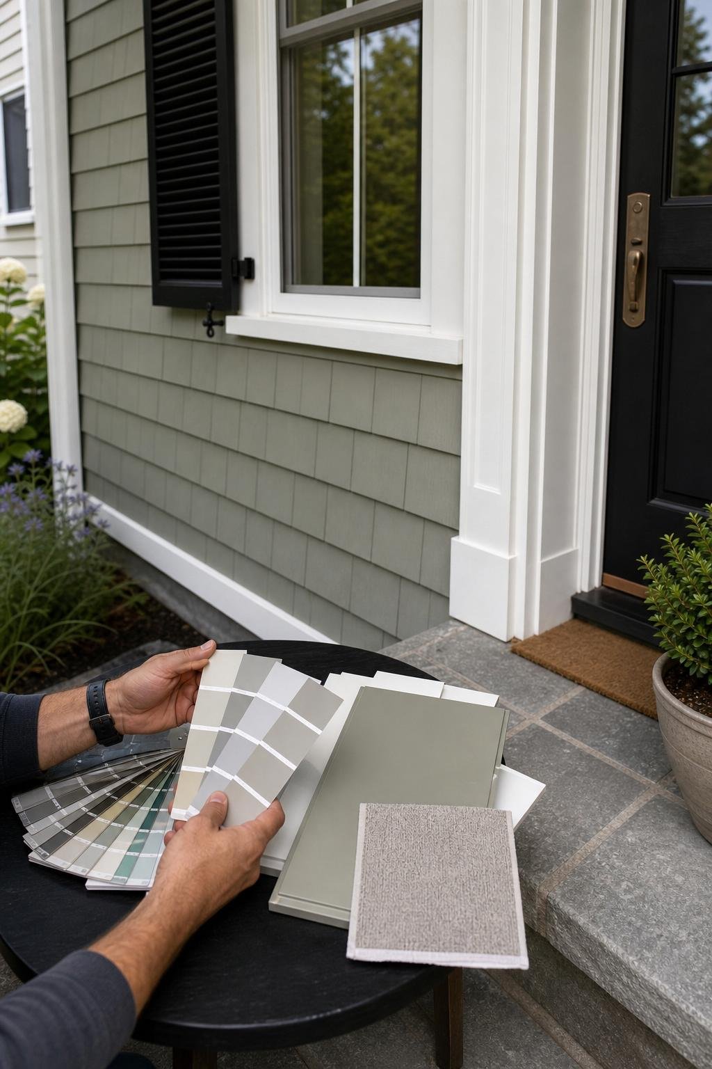Paint color samples compared on site with project surfaces, trim, and exterior light.