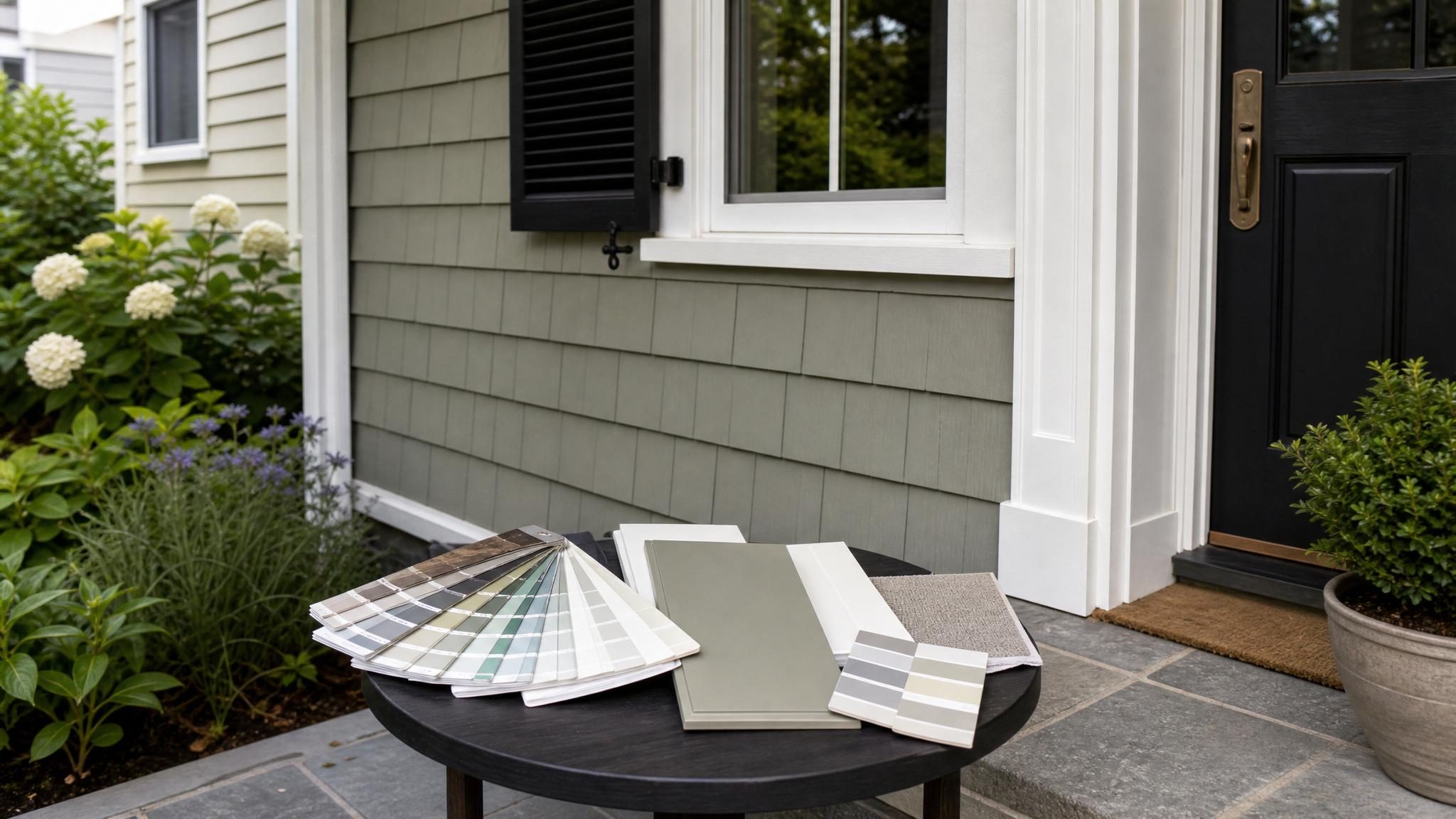 Paint swatches and sample boards arranged for color consultation.