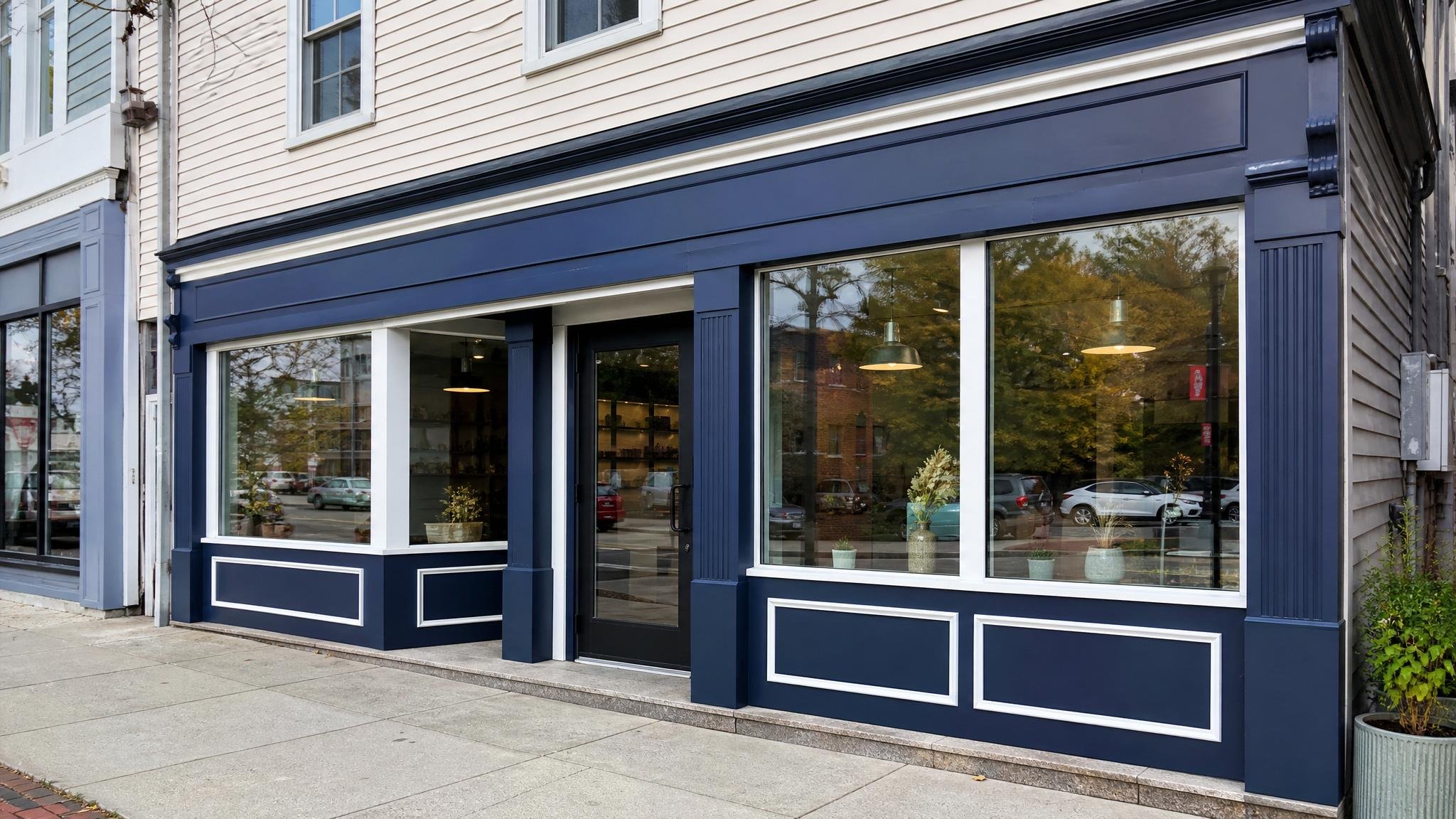Repainted local storefront with clean facade, doors, windows, trim, and customer-ready sidewalk.