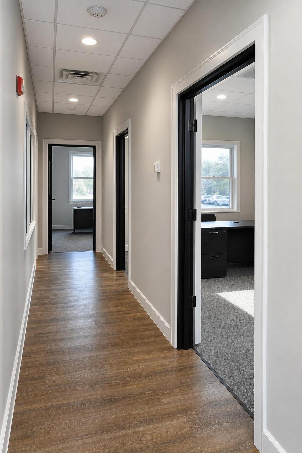 Full commercial interior painting project with finished walls, doors, trim, and work zone.