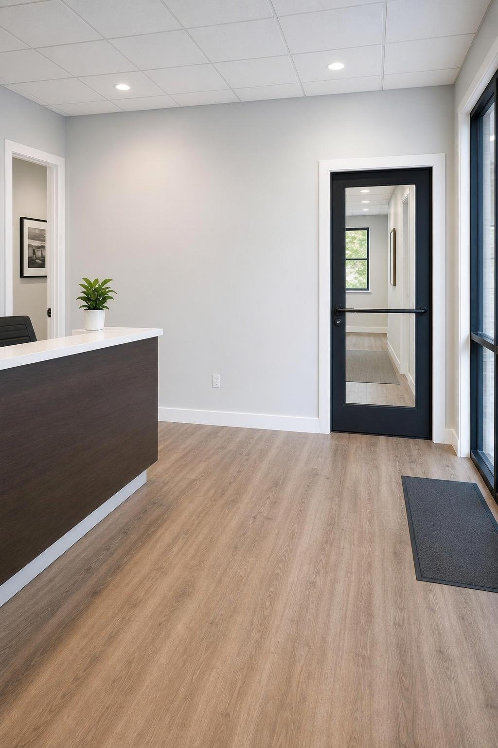 Full commercial interior painting project with finished walls, trim, floors, and entry area.