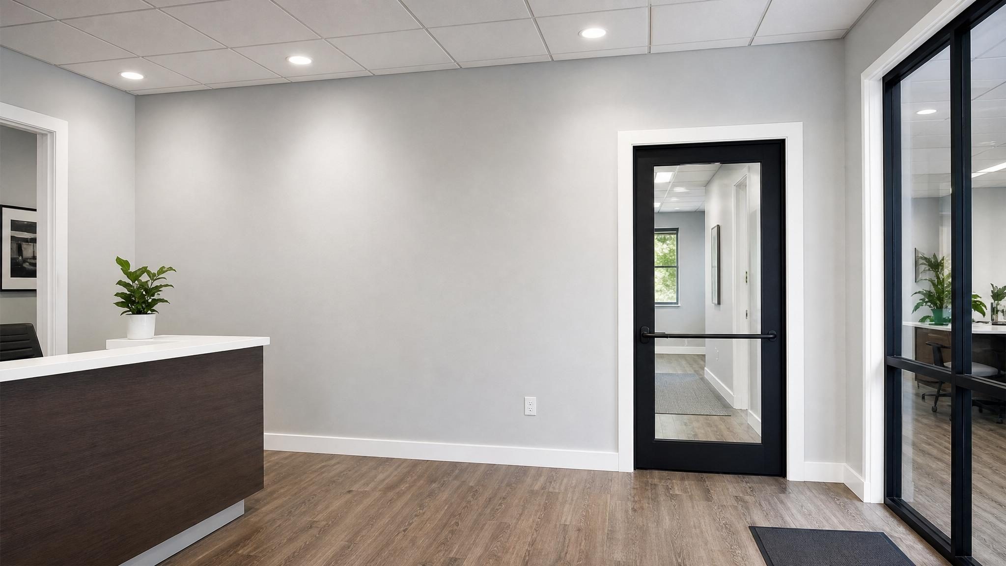 Finished commercial interior with clean painted walls and trim.