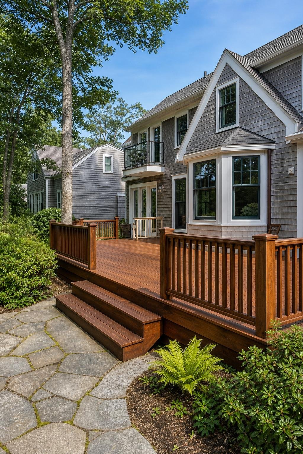 Full finished deck staining project with stained boards, railings, steps, and house context.