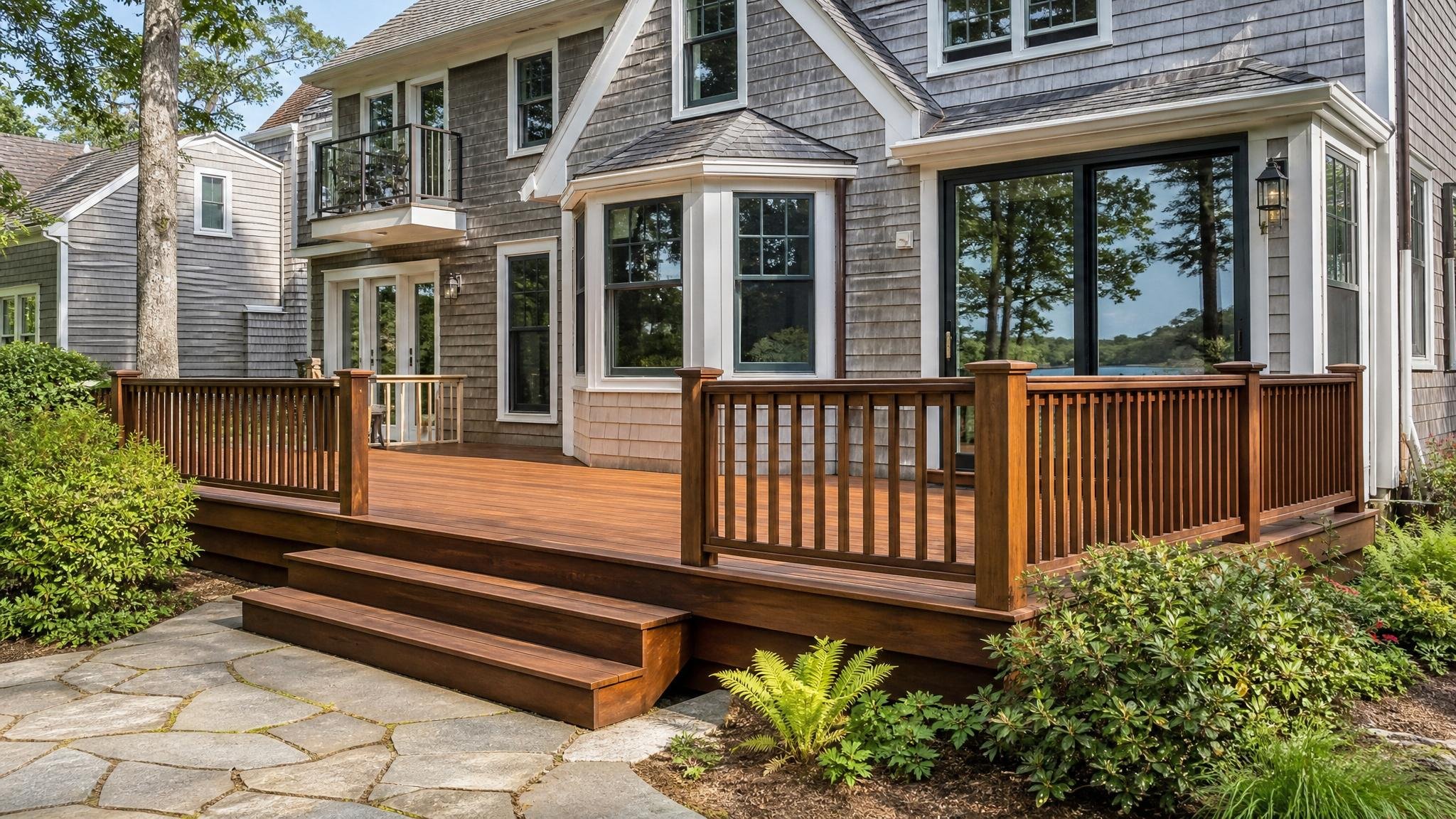 Finished stained deck with even boards, railings, and steps.