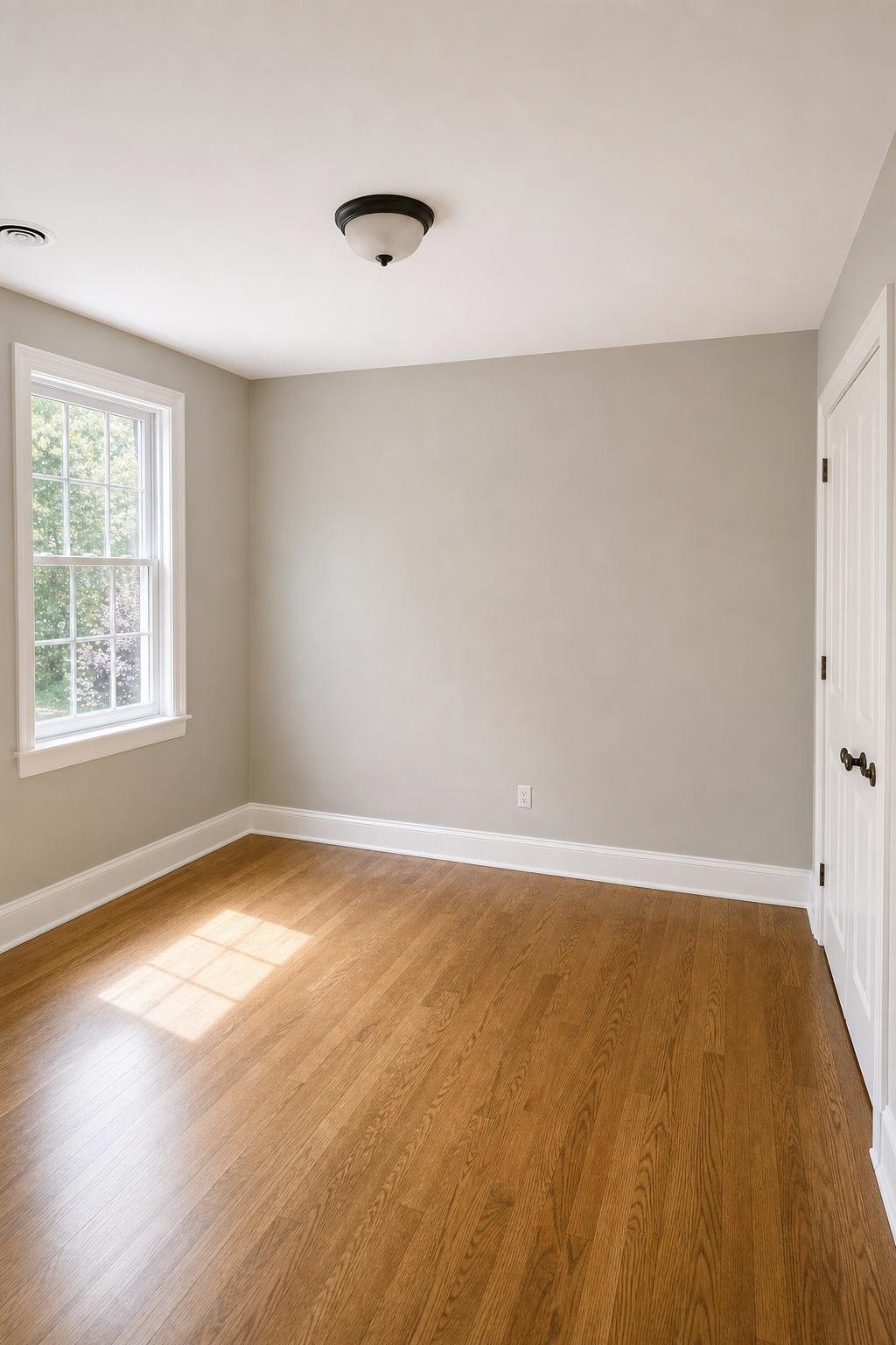 Full room view after drywall repair with smooth wall surface, trim, floor, and window.