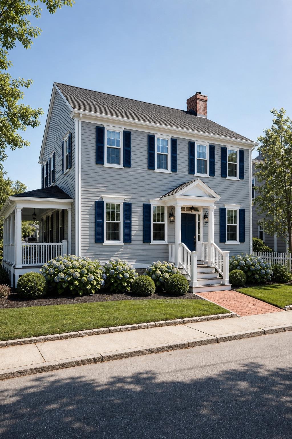 Full exterior house painting project with refreshed siding, trim, entry, and landscaping.