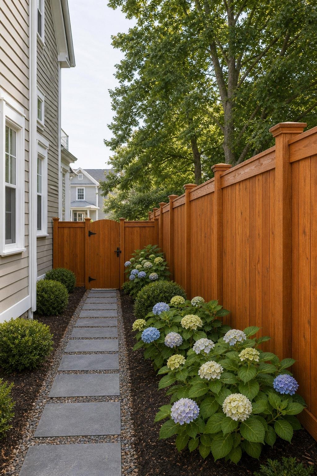 Full fence staining project with finished boards, gate, posts, and surrounding landscaping.