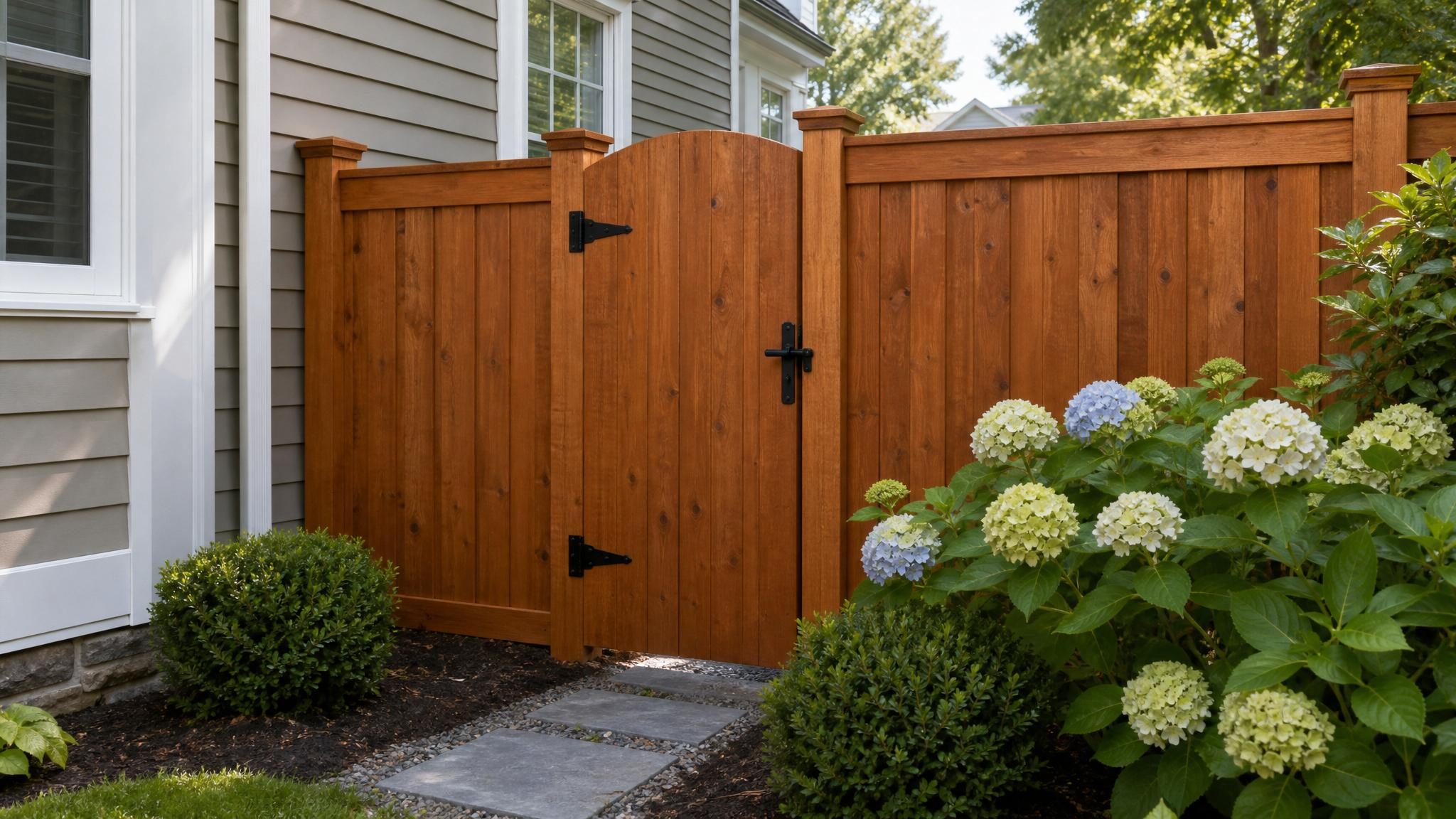 Finished stained wood fence with even board coverage.