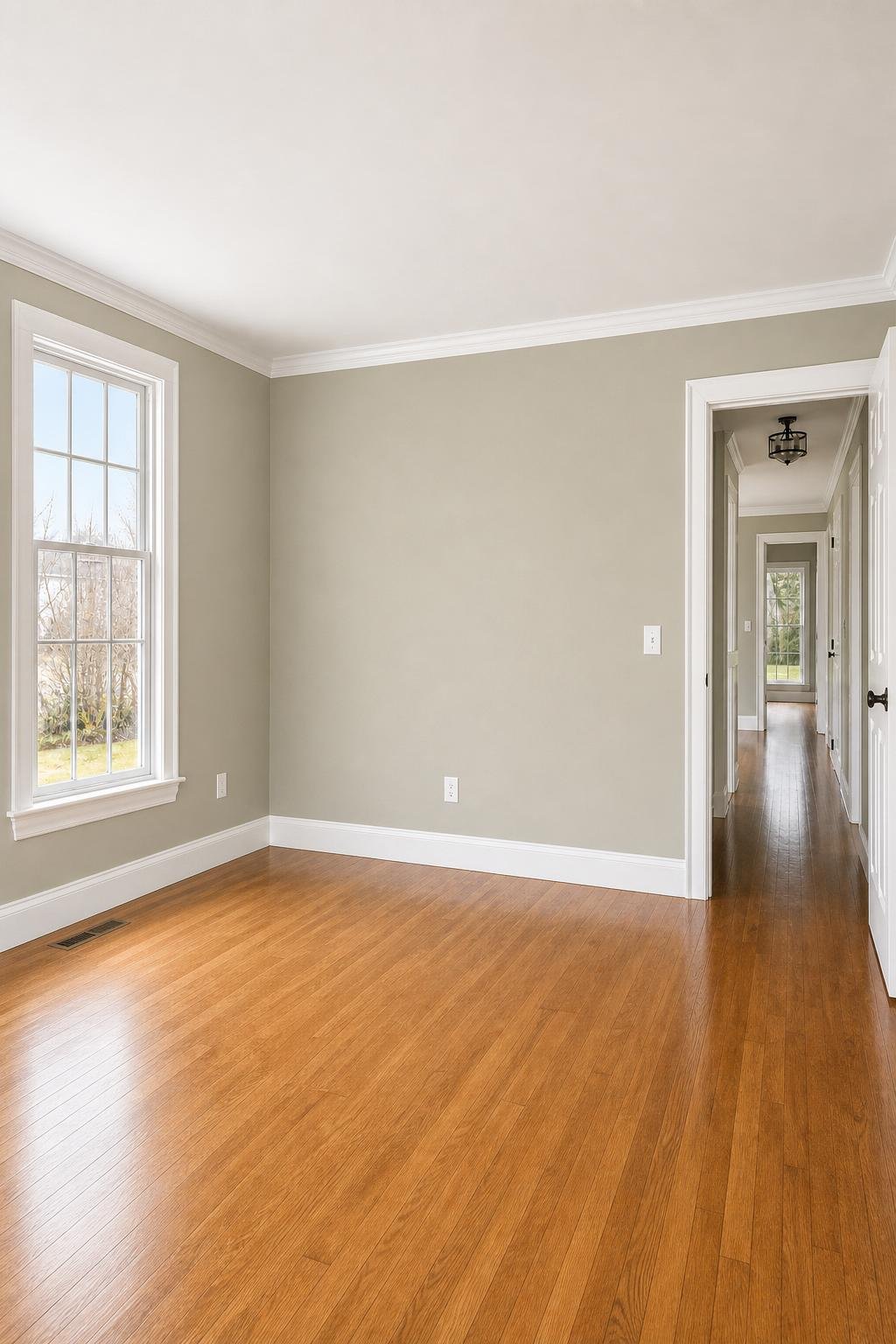 Full finished interior repaint with balanced wall color, white trim, warm flooring, and natural light.