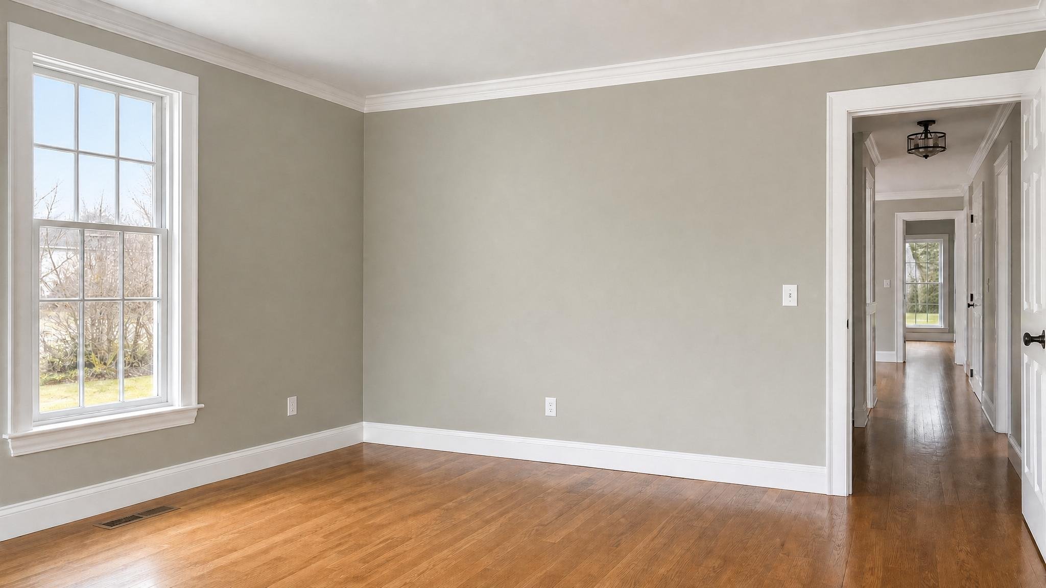 Finished interior repaint with a softer wall color that fits the trim, light, and warm wood floor.