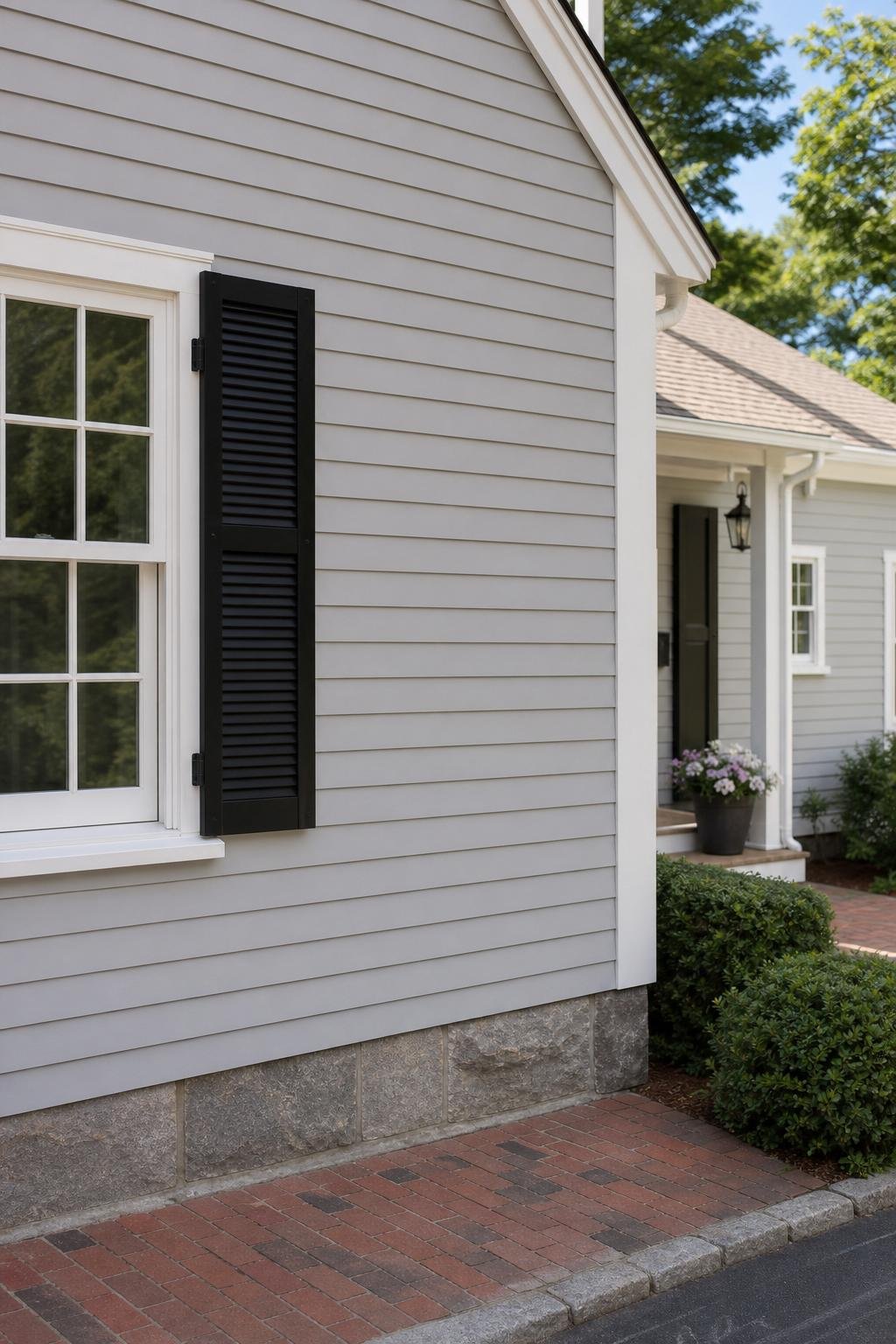 Full siding repair project with corrected boards, seams, trim, and exterior context.