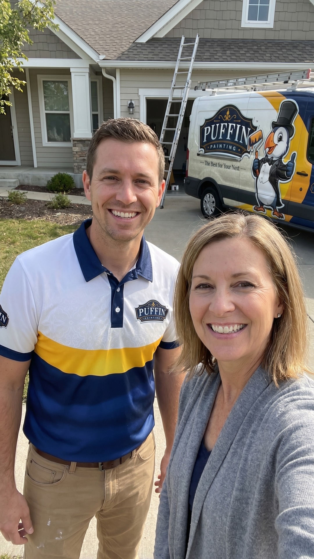 Puffin Painting team member smiling with a homeowner outside a project home.