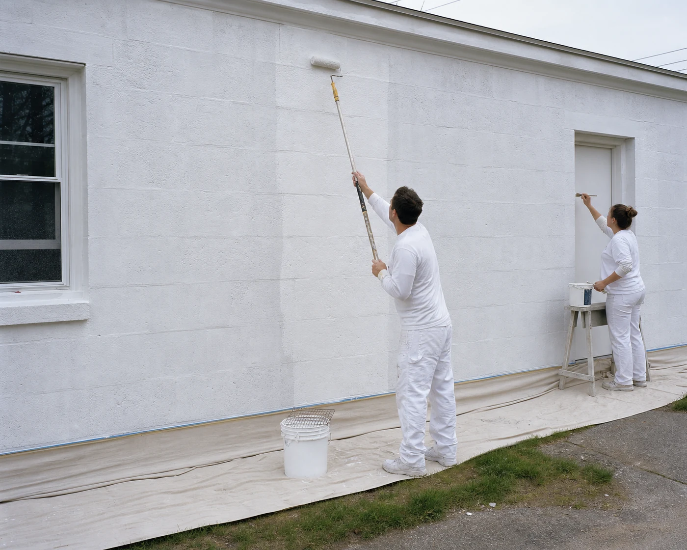 Professional painters in white workwear actively rolling and cutting in a New Hampshire community building exterior.