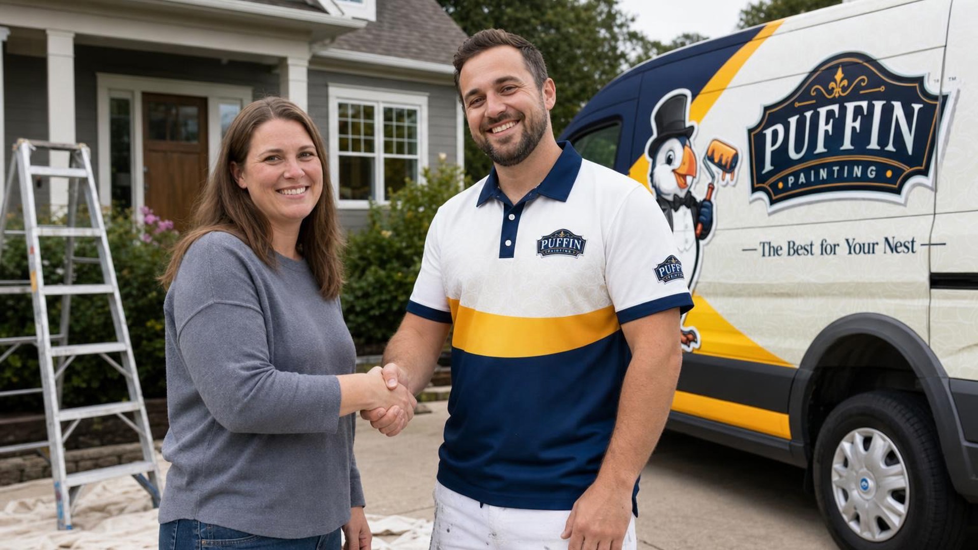 Puffin Painting team member beside a branded service van.