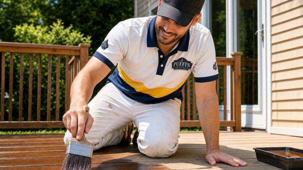 Deck staining project photo by Puffin Painting.
