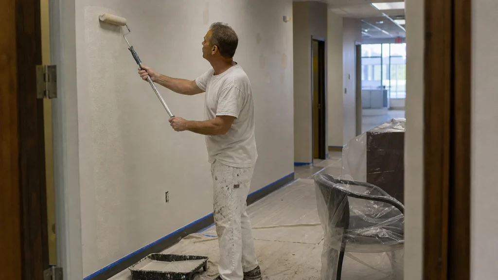 Painter rolling a commercial interior corridor wall over a protected floor.