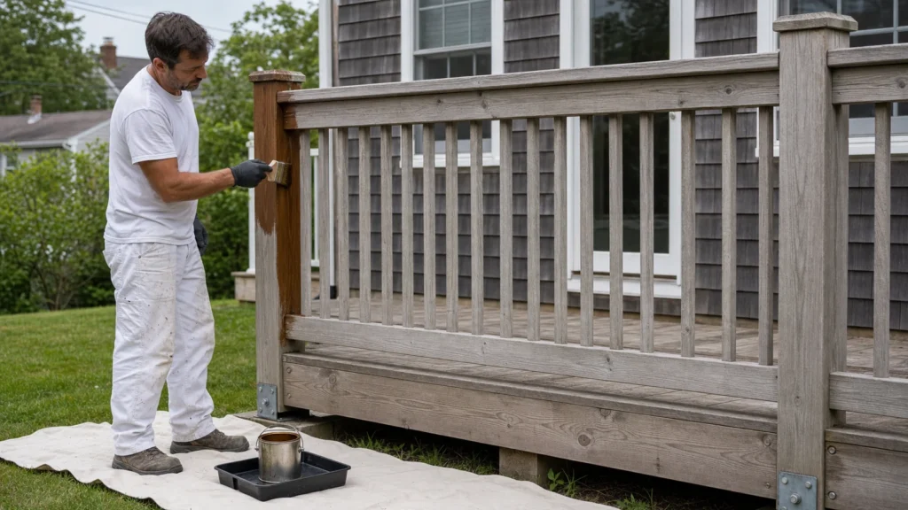 Professional painter in white workwear brush-staining a fixed deck corner post over a protective drop cloth.