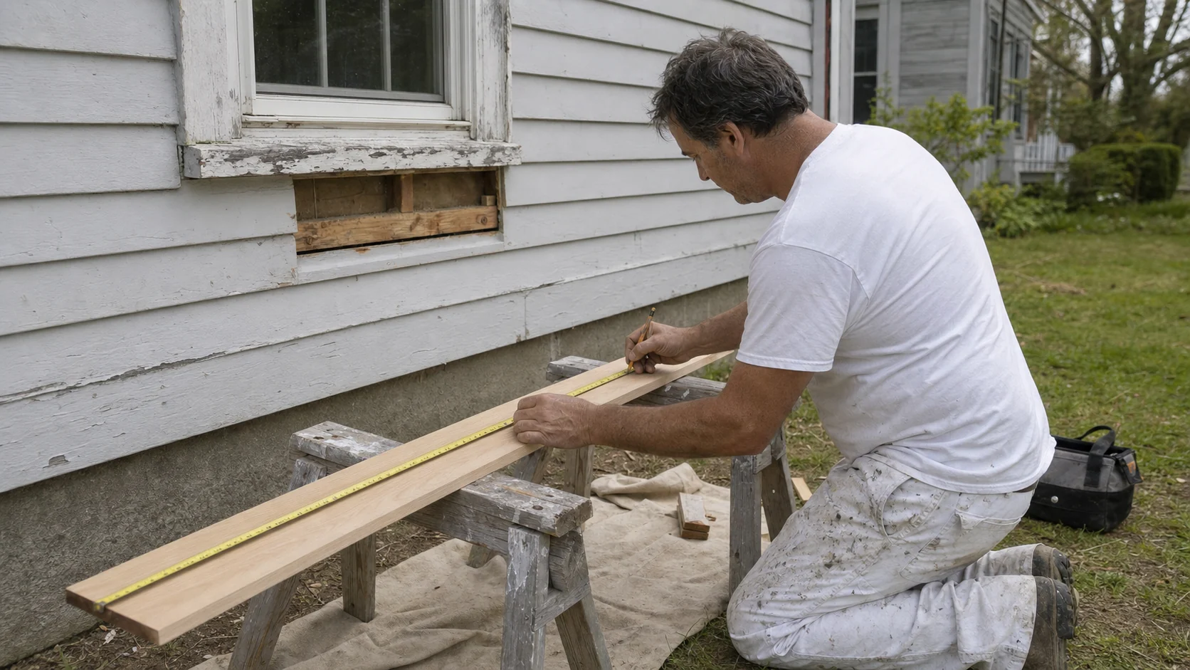 Painter fitting a wood repair board beneath weathered window trim on a clapboard exterior.
